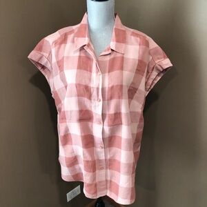 Lucky Brand Women Plus Size Linen Blend Top 1X Pink Plaid Button Down Cap Sleeve
